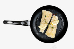 柠檬鳕鱼饼铛柠檬煎鳕鱼块鳕鱼肉锅海鲜美高清图片