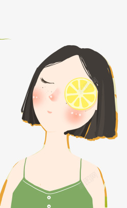 柠檬女孩卡通手绘眼睛放柠檬的女孩高清图片