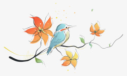 卡通手绘花枝上蓝色鸟插画矢量图素材