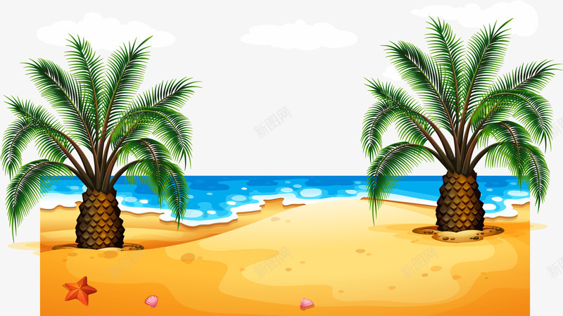 手绘海岛png免抠素材_新图网 https://ixintu.com 卡通 夏日 手绘 棕榈树 沙滩 海岛 海岛小船 海星 海滩
