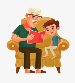 爷爷与孙子坐在沙发讲故事素材