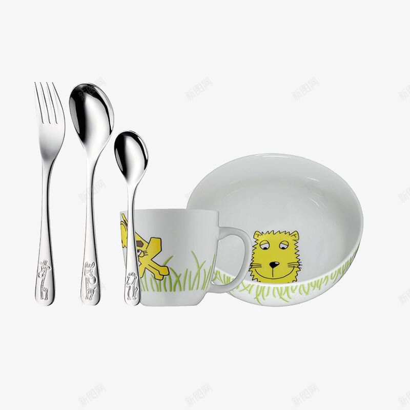 儿童餐具5件png免抠素材_新图网 https://ixintu.com 产品实物 勺子 宝宝碗