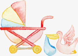 水彩水墨卡通婴儿用品婴儿车矢量图素材