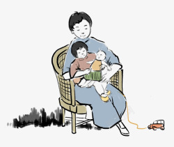 藤编椅子中国画装饰插图母亲节亲子插画高清图片