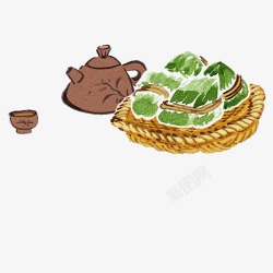 手绘水彩装饰插图端午节粽子与茶素材