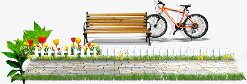 现代温馨花园元素png免抠素材_新图网 https://ixintu.com 座椅 温馨 自行车 花丛 花园洋房