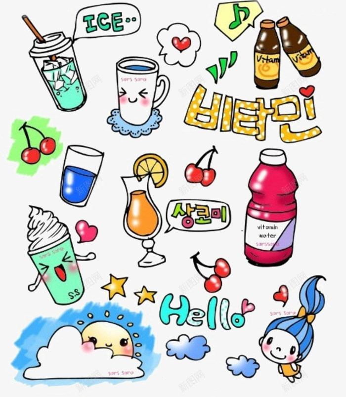 韩国可爱饮料贴纸png免抠素材_新图网 https://ixintu.com 冰激凌 水果 韩国饮品 饮料