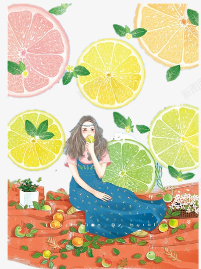 插画png免抠素材_新图网 https://ixintu.com 女孩 小植物 柠檬 装饰