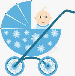 手绘蓝色婴儿车婴儿图案素材