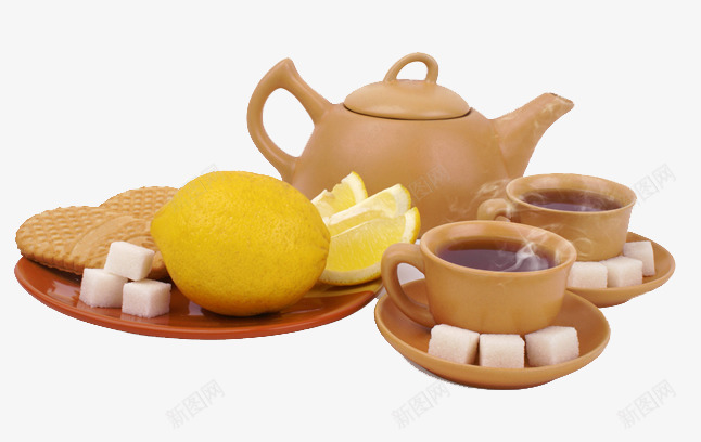 下午茶时光png免抠素材_新图网 https://ixintu.com 休闲时光 柠檬 糖块 茶 茶具 饼干