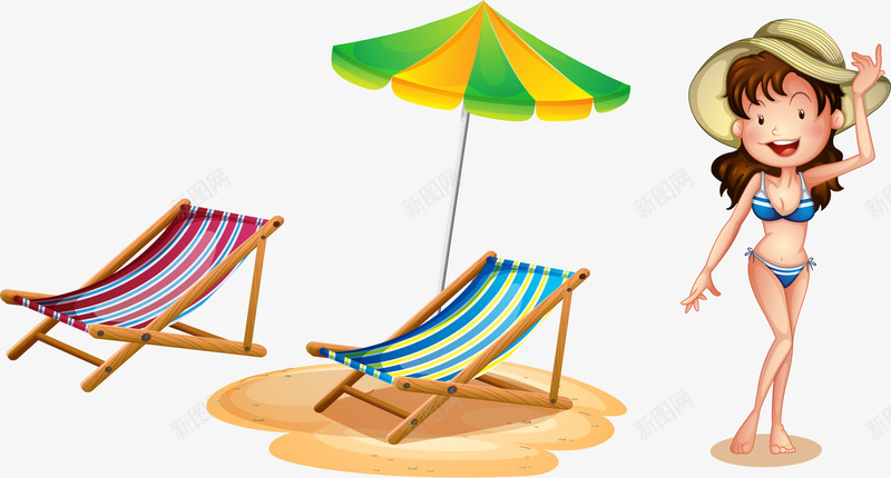 手绘夏日度假png免抠素材_新图网 https://ixintu.com 夏日 度假 手绘 比基尼 沙滩 躺椅