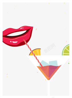 夏季海报背景红唇饮用柠檬水素材