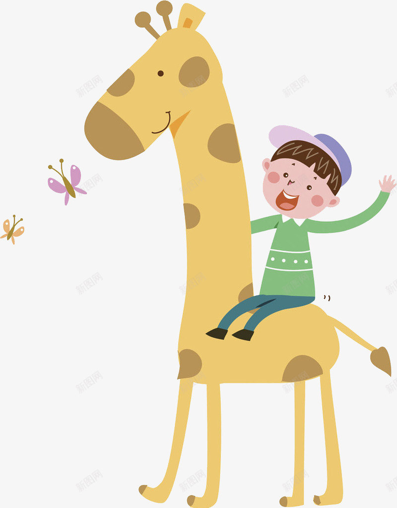 卡通骑着长颈鹿的孩子图png免抠素材_新图网 https://ixintu.com 动物 可爱的 玩耍 男孩 蝴蝶 长颈鹿 高兴地