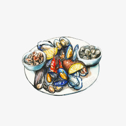 卡通鹬蚌手绘一盘烤熟的海鲜高清图片