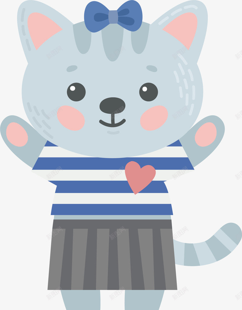 蓝色猫咪png免抠素材_新图网 https://ixintu.com 可爱 微笑 条纹T恤 爱心 猫咪 蓝色 蝴蝶结