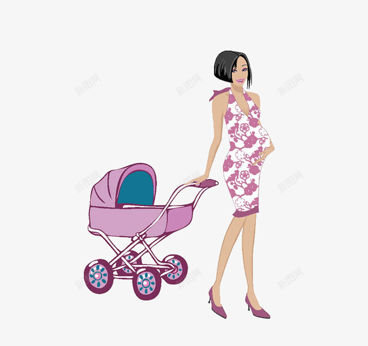 孕妈推着婴儿车png免抠素材_新图网 https://ixintu.com 卡通 婴儿车 孕妈