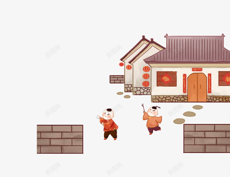 中国风玩耍的孩子png免抠素材_新图网 https://ixintu.com 中国风 卡通 古建筑 房子 插图 民俗风 玩耍的