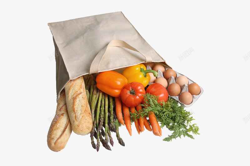 购物袋里的蔬菜和面包png免抠素材_新图网 https://ixintu.com 商场购物袋 环保袋 环保购物袋 蔬菜 购物带 购物袋 超市购物袋 面包 食物