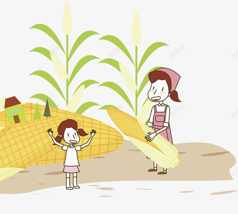 卡通插图玉米地的农村妇女与孩子png免抠素材_新图网 https://ixintu.com 农村妇女 卡通插图 卡通玉米地 孩子 掰玉米 玉米地
