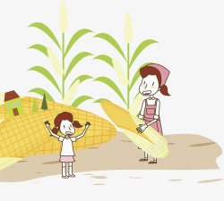 卡通插图玉米地的农村妇女与孩子素材