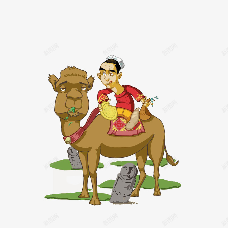坐在骆驼上吃饼的新疆男子png免抠素材_新图网 https://ixintu.com 中国新疆 卡通新疆人 吃草的骆驼 吃饼的新疆男子 头像石块