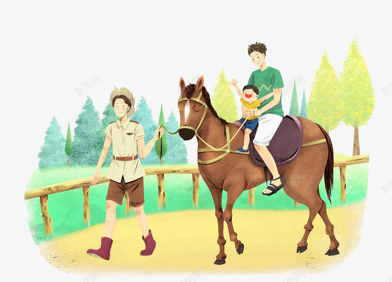 父亲带孩子骑马png免抠素材_新图网 https://ixintu.com 卡通 孩子 父亲 骑马