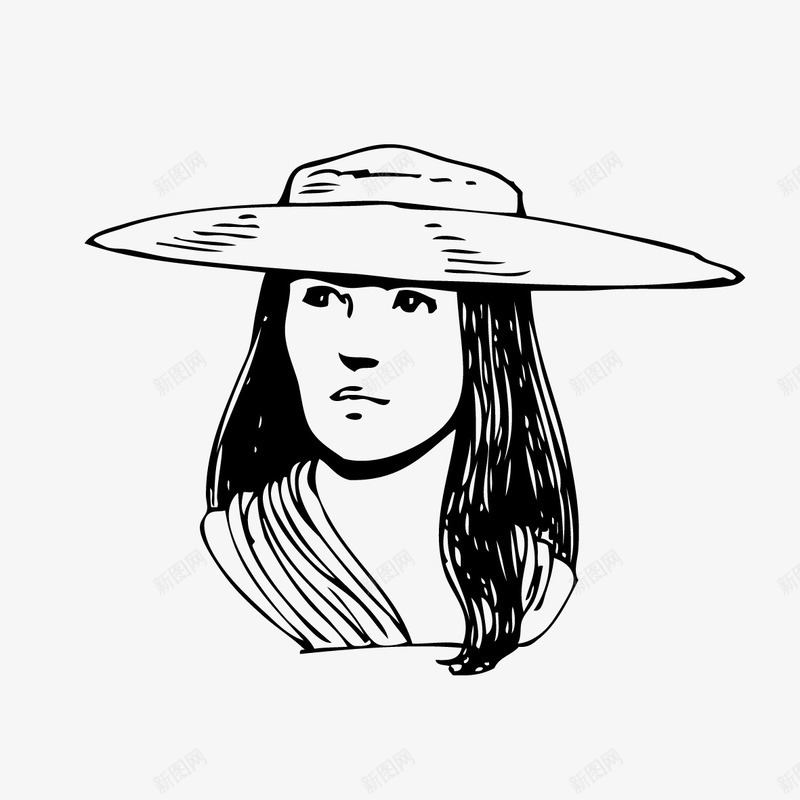 手绘线描戴帽子女人图标png_新图网 https://ixintu.com 人像素写 大沿帽 头像 女人头像素描 线描戴帽子女人 绘画 长发女人 面部素描