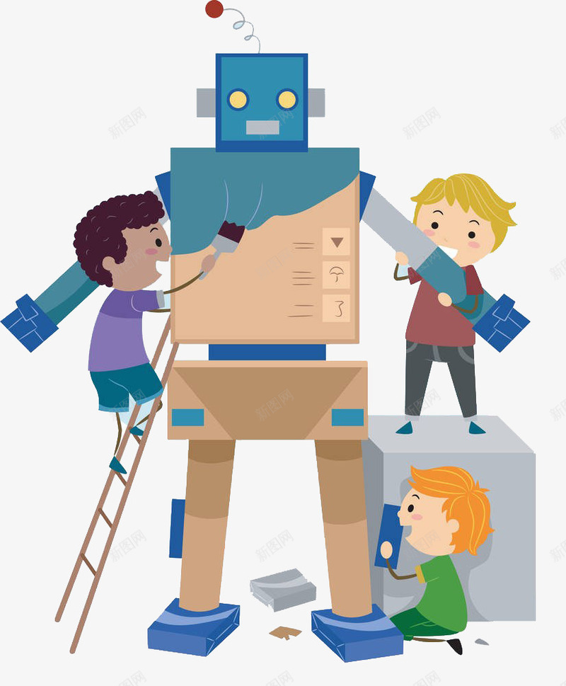 孩子们做机器人png免抠素材_新图网 https://ixintu.com 刷漆 卡通 孩子们 机器人