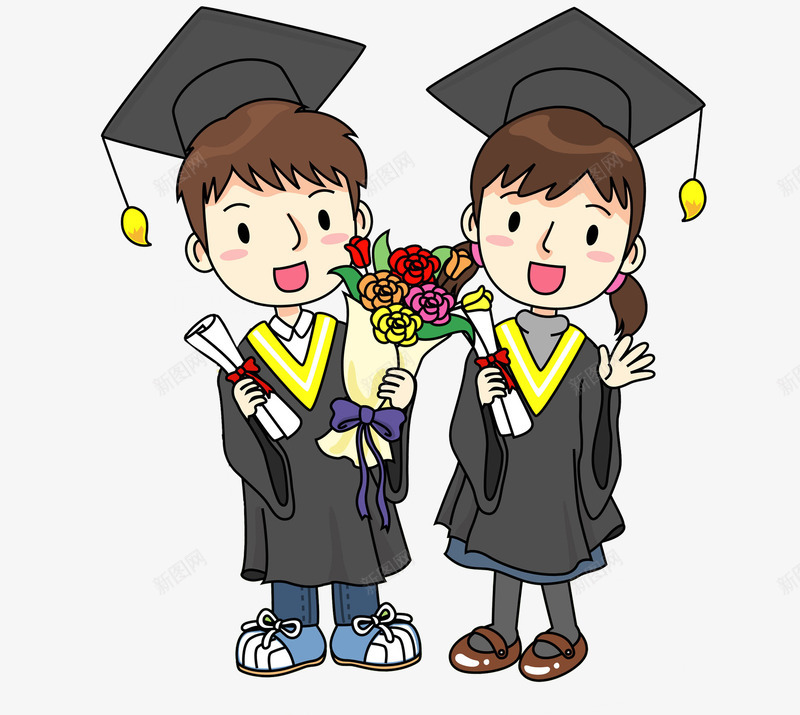 毕业的孩子png免抠素材_新图网 https://ixintu.com 卡通 女孩 插图 毕业的 男孩 高兴地 黑色的