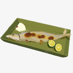 绿薄荷和柠檬片烤秋刀鱼手绘画片高清图片