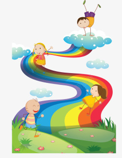 春游玩耍在彩虹上玩耍的孩子矢量图高清图片