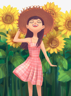 草裙手绘人物插画夏日女孩与向日葵高清图片