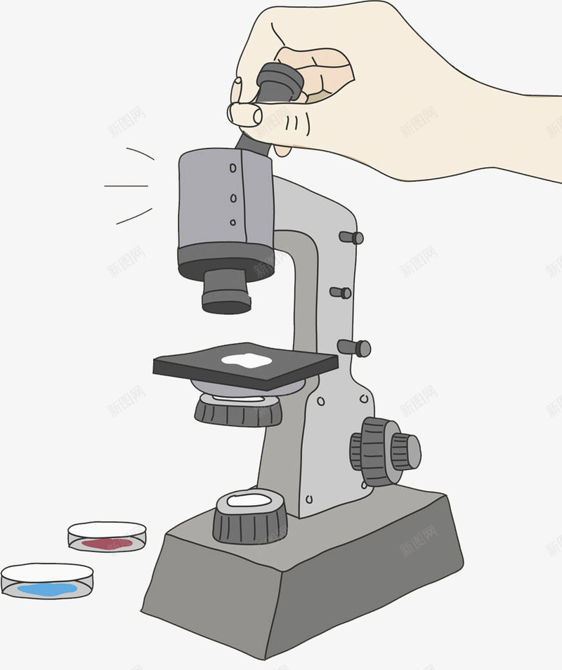 水彩显微镜png免抠素材_新图网 https://ixintu.com 做实验 手指 手臂 显微镜 灰色 观察 调节 载玻片