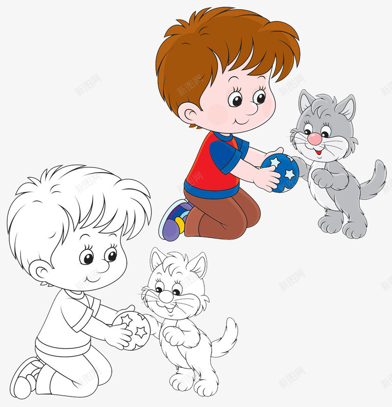 人和宠物卡通手绘png免抠素材_新图网 https://ixintu.com 人和宠物 可爱的孩子 开心 快乐 朋友 玩球的小猫