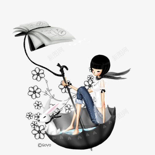 雨伞中的美女png免抠素材_新图网 https://ixintu.com 书本 手绘女孩 手绘美女 水 花枝 雨伞