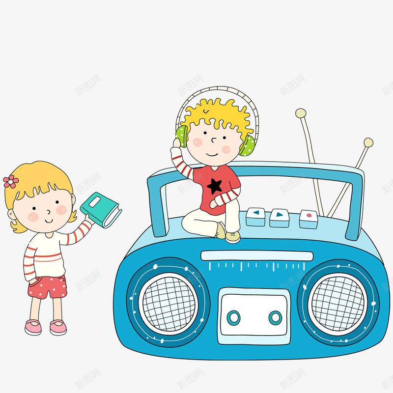 收音机和儿童png免抠素材_新图网 https://ixintu.com 一台 女孩 手绘 按钮 收音机 男孩 简图 耳机