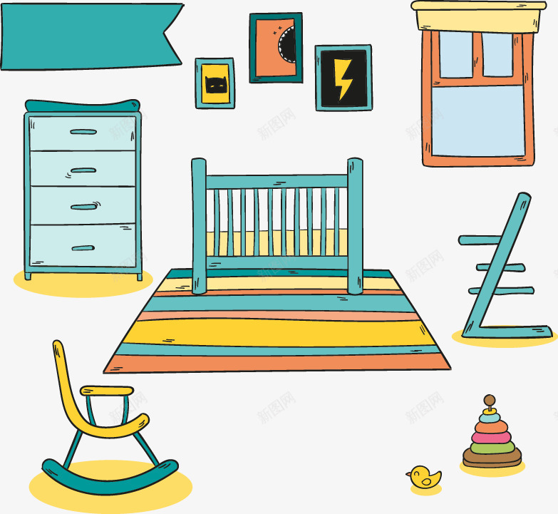 婴儿房间png免抠素材_新图网 https://ixintu.com 婴儿床 抽屉 摇摇椅 照片墙 矢量素材