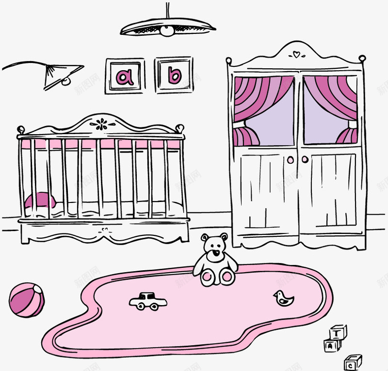 手绘粉色婴儿房矢量图eps免抠素材_新图网 https://ixintu.com 手绘婴儿房 温馨设计 矢量素材 粉色婴儿房 矢量图