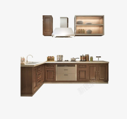 膜压门板L形整体厨柜实木板整体厨柜高清图片
