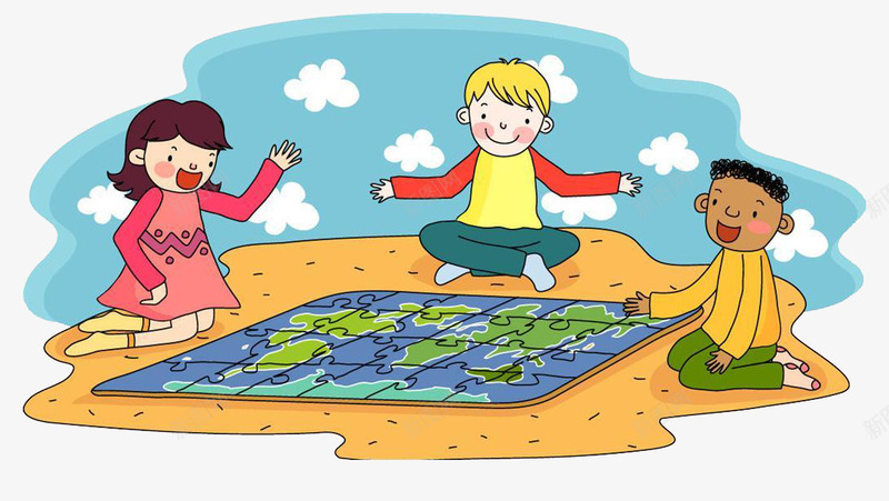 卡通孩子玩拼图png免抠素材_新图网 https://ixintu.com 地上 地图 孩子 拼图
