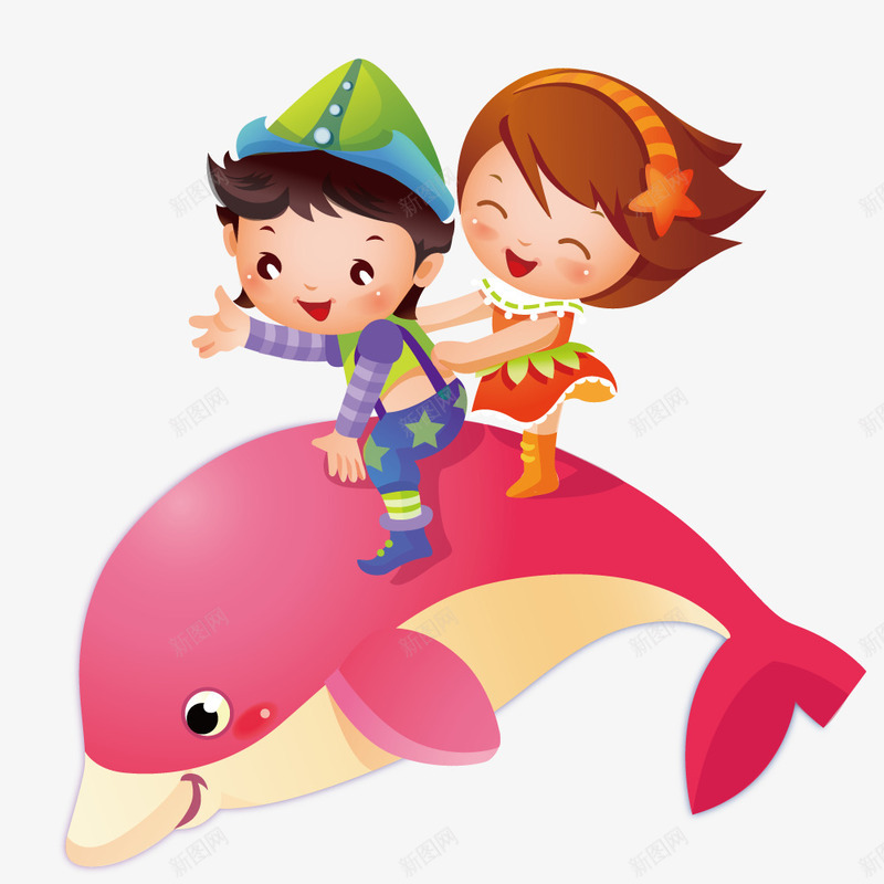 孩子骑在海豚上矢量图ai免抠素材_新图网 https://ixintu.com 创意 卡通 手绘 插画 海底动物 海豚 矢量人物 矢量图