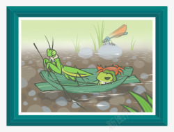 青蛙蚂蚱一起乘船的照片素材