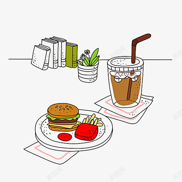 汉堡插画png免抠素材_新图网 https://ixintu.com 书本 厨房插画 可乐 植物 汉堡 面包 食品 餐具 饮料
