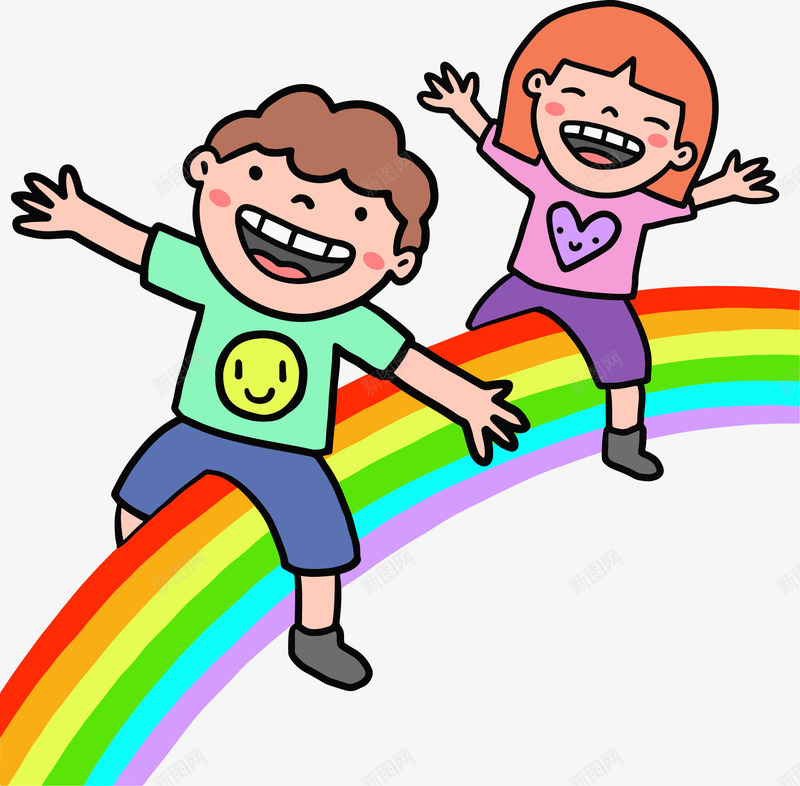 手绘骑着彩虹的孩子矢量图ai免抠素材_新图网 https://ixintu.com 创意 卡通 彩虹 快乐 手绘 童年 矢量图