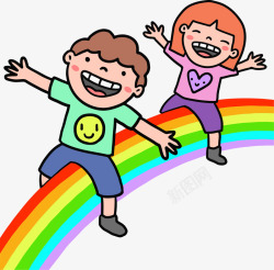 手绘骑着彩虹的孩子矢量图素材