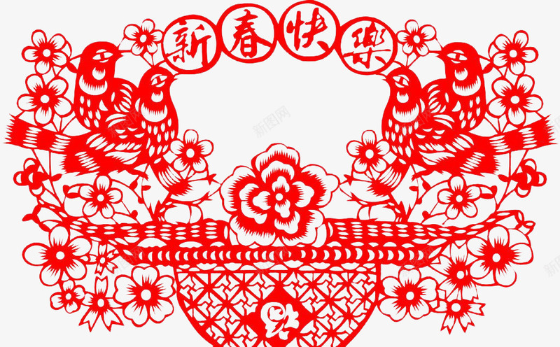 新年快乐花篮剪纸png免抠素材_新图网 https://ixintu.com 剪纸 喜鹊 新年快乐 花篮