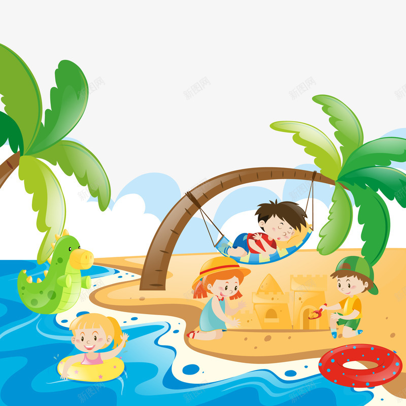 海滩上玩耍的孩子们png免抠素材_新图网 https://ixintu.com 云 吊床 椰树 海滩 游泳 游泳圈 玩耍 鳄鱼