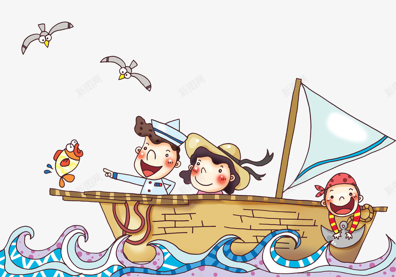 船上的孩子png免抠素材_新图网 https://ixintu.com 卡通 可爱的 大海 孩子 小船 小鱼 插图 海鸥