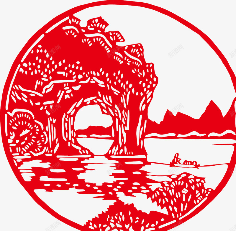 剪纸png免抠素材_新图网 https://ixintu.com 剪纸 流水 红色 风景画