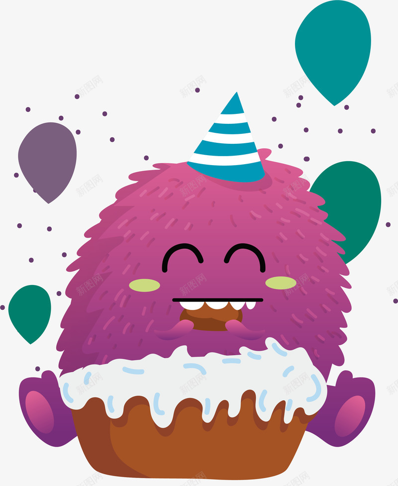 开心吃蛋糕的怪兽png免抠素材_新图网 https://ixintu.com 吃蛋糕 毛球怪 生日快乐 矢量png 紫色小怪兽 过生日